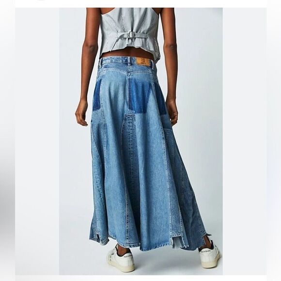 We The Free Size 32 Molly Maxi Skirt We The Free Distressed Uneven Hem True Blue - Picture 3 of 7
